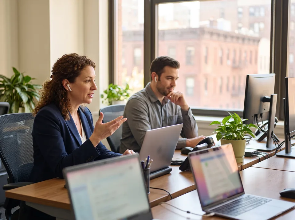 Two colleagues each taking a booked client call at neighboring desks