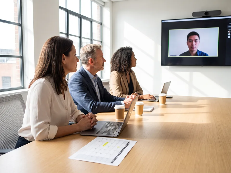 Three colleagues in a meeting room joining one video call with a candidate