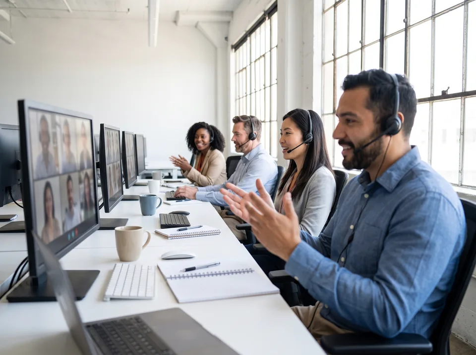 Sales reps on video calls with prospects at a row of desks