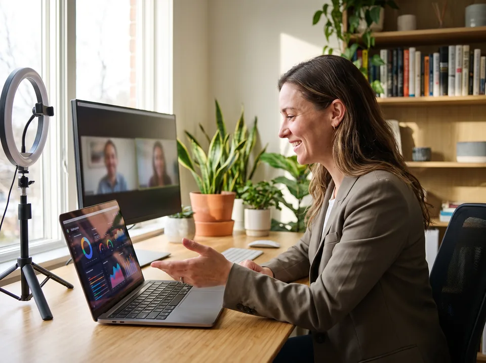 Account executive running a product demo on a video call from a home office